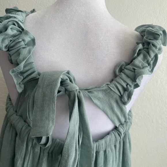 Blue-green Tiered Mini Sundress with Square Neck/ Ruffle Cinched Shoulder Straps - Picture 10 of 13